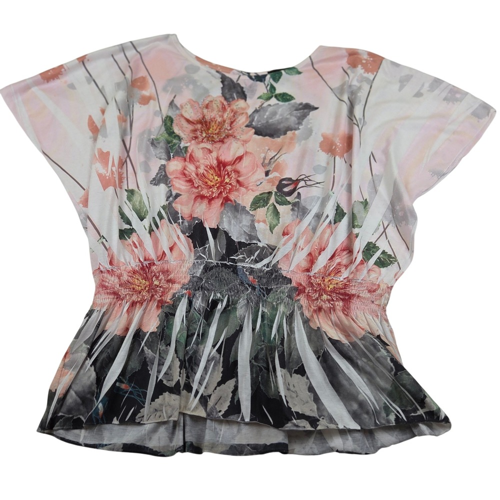 Cal Style Top Pink Floral Smocked Waist Peplum Short Sleeve XL Jeweled
